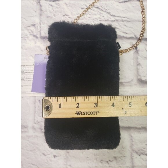 NEW Claire's Black Fuzzy Plush Cell Phone Holder With Gold Chain Strap - Picture 3 of 3